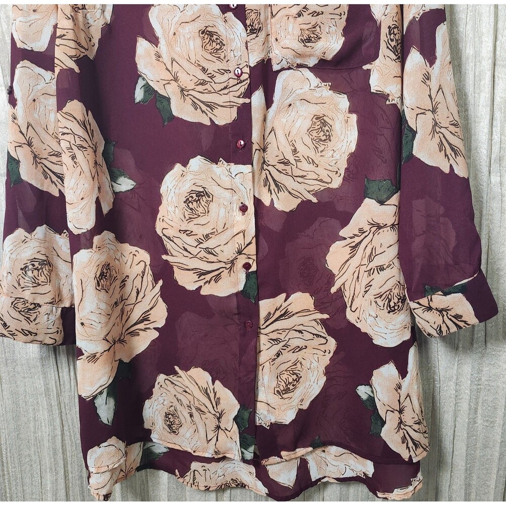 Sheer Burgundy Pink Rose Print Shirt Dress Roll Tab Long Sleeve Plus Size 1X - Picture 5 of 7